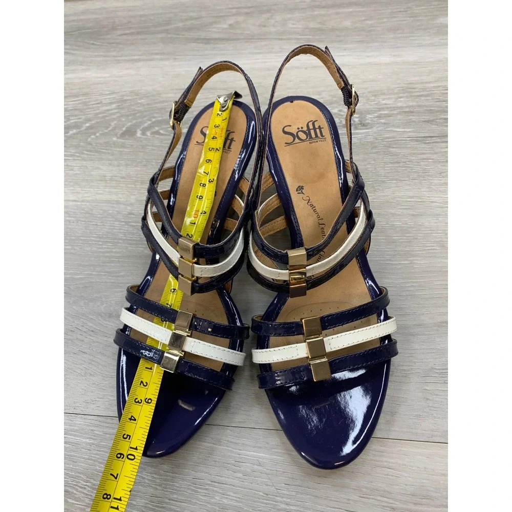 Sofft Women's Navy Cream Patent Leather Wedge Sandals Gold Hardware 9.5 Shoes